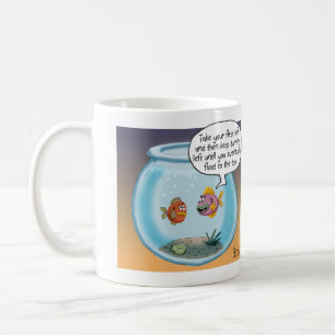 Funny Fish Direction cartoon over leven en dood Koffiemok