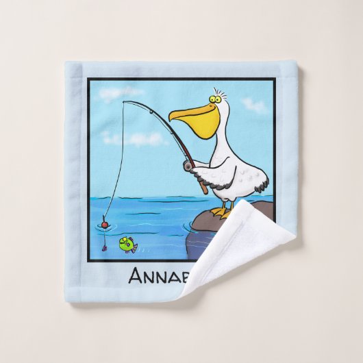 Funny fish pelican cartoon bad handdoek (Wasdoekje)