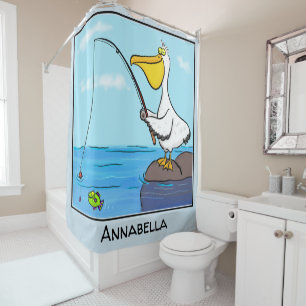 Funny fish pelican cartoon douchegordijn