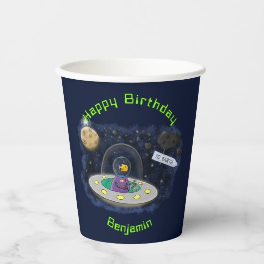 Funny fish UFO space ship cartoon illustration Papieren Bekers (Voorkant)