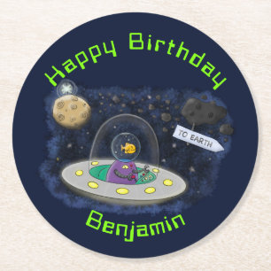 Funny fish UFO space ship cartoon illustration Ronde Kartonnen Onderzetter
