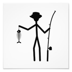 Funny Fisherman Stick Figuur Holding Fish Botten Foto Afdruk