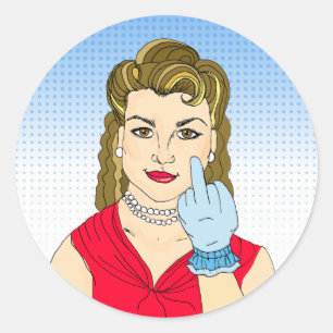Funny Flipping the Bird Retro Lady Ronde Sticker