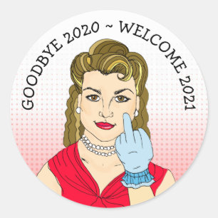 Funny Flipping the Bird Retro Lady Ronde Sticker