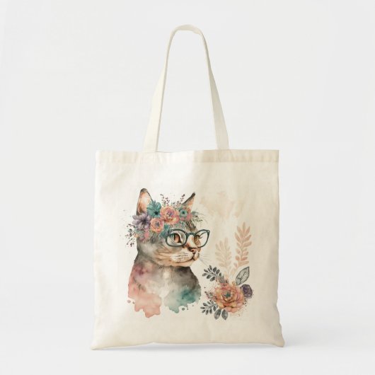 Funny Floral Cat met glas Tote Bag (Voorkant)