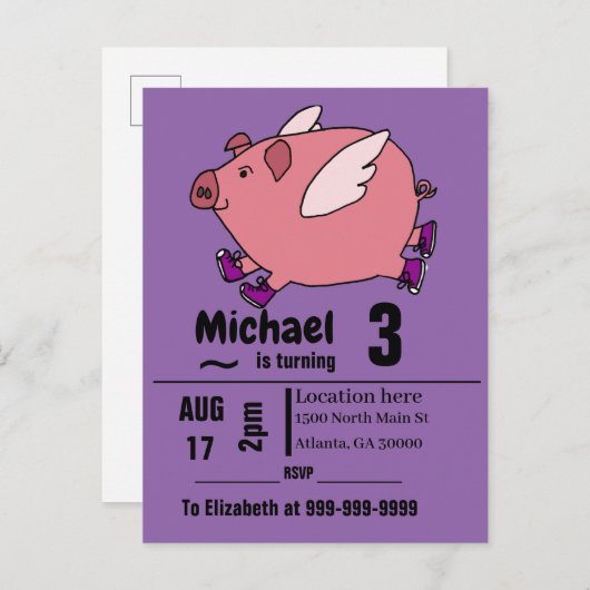 Funny Flying Pig Birthday Party Uitnodiging Briefkaart (Voorkant / Achterkant)