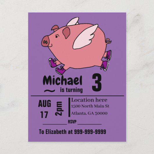 Funny Flying Pig Birthday Party Uitnodiging Briefkaart (Voorkant)