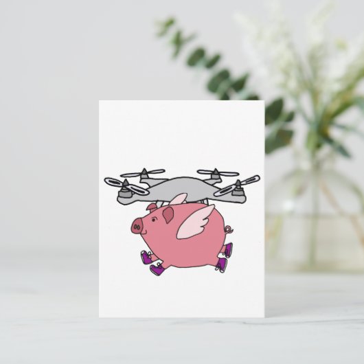 Funny Flying Pig Drone Cartoon Briefkaart (Staand voorkant)