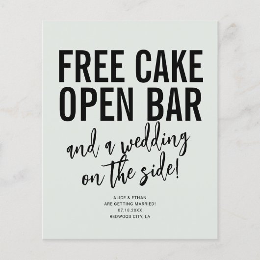 Funny Free Cake Open Bar Wedding Save the Date Flyer (Voorkant)