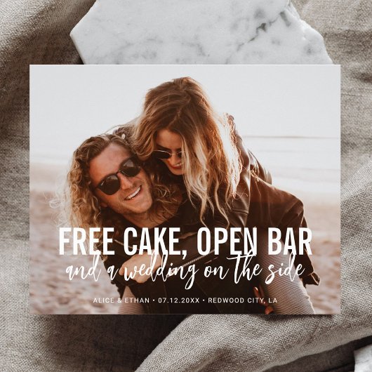 Funny Free Cake Open Bar Wedding Save the Date Flyer