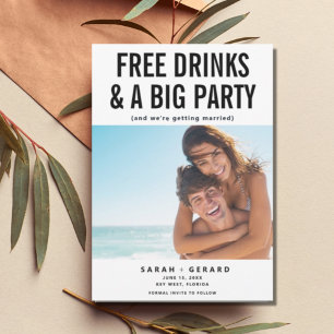 Funny Free Drinks & Party Photo Save the Date Aankondiging