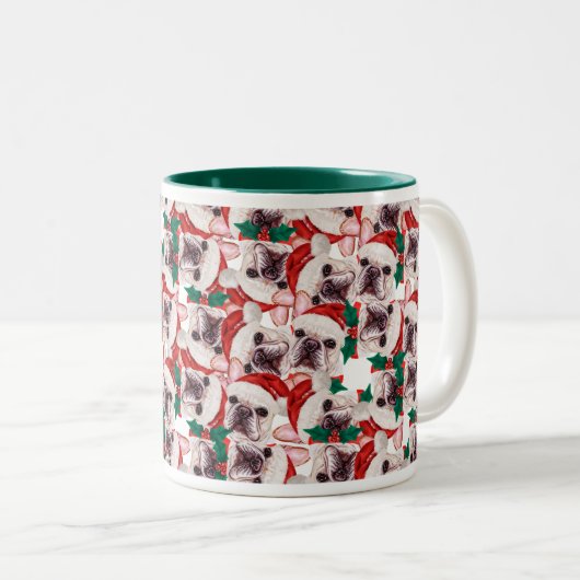 Funny French Bulldog kerstpattern Tweekleurige Koffiemok (Voorkant rechts)