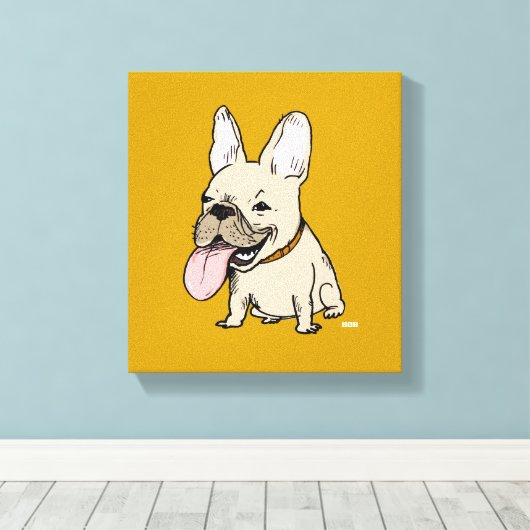 Funny French Bulldog met Huge Tongue Stikking out Canvas Afdruk (Insitu (Houten vloer))