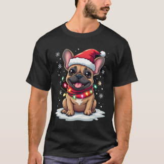 Funny French Bulldogs Christmas Santa Hat Lights S T-shirt
