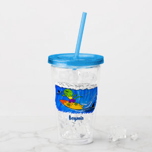 Funny frilly nek lizard surfende cartoon acryl drinkbeker