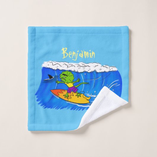 Funny frilly nek lizard surfende cartoon bad handdoek (Wasdoekje)