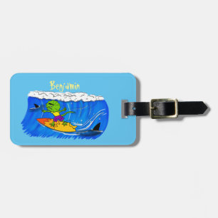 Funny frilly nek lizard surfende cartoon bagagelabel