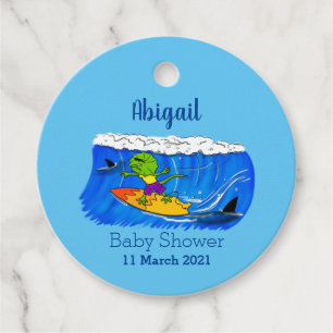 Funny frilly nek lizard surfende cartoon bedankjes labels