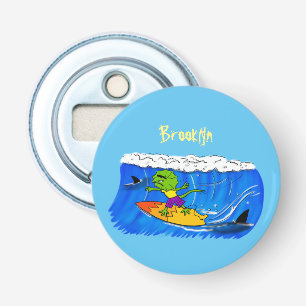 Funny frilly nek lizard surfende cartoon button flesopener