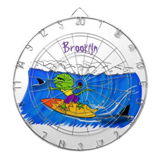 Funny frilly nek lizard surfende cartoon dartbord (Voorkant)
