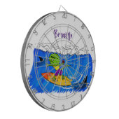 Funny frilly nek lizard surfende cartoon dartbord (Voorkant Links)