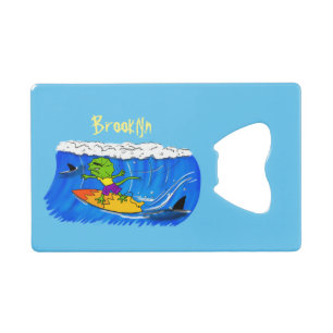 Funny frilly nek lizard surfende cartoon kredietkaart flessenopener