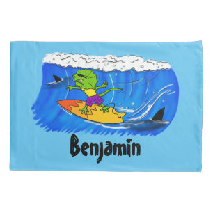 Funny frilly nek lizard surfende cartoon kussensloop