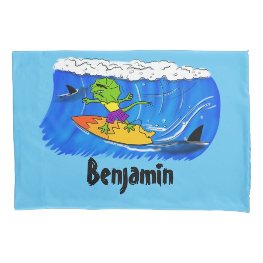 Funny frilly nek lizard surfende cartoon kussensloop (Voorkant)