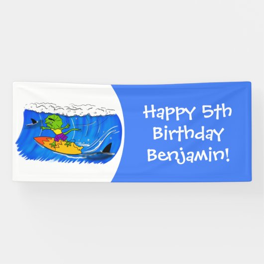 Funny frilly nek lizard surfende cartoon spandoek (Horizontaal)