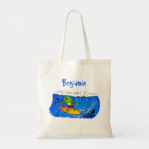 Funny frilly nek lizard surfende cartoon tote bag