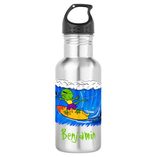 Funny frilly nek lizard surfende cartoon waterfles  (Voorkant)