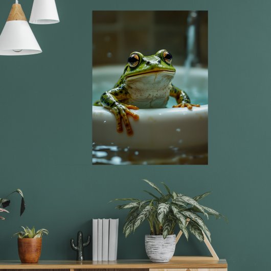 Funny frog in bath nursery art poster (Woonkamer 1)