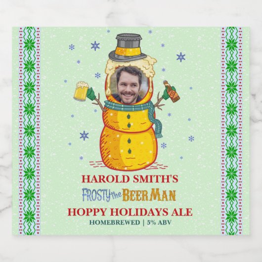 Funny Frosty Beer Man Humor Aangepaste kerstfoto Bier Etiket (Enkel label)