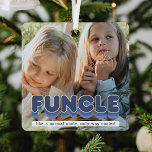 Funny Funcle Oncle Photo Noël Ornement en métal<br><div class="desc">L'ornement de noël de l'oncle drôle avec une photo de chaque côté pour vous remplacer par le vôtre,  et le mignon dicton "fonctionné,  comme un oncle normal,  seul chemin glacière".</div>