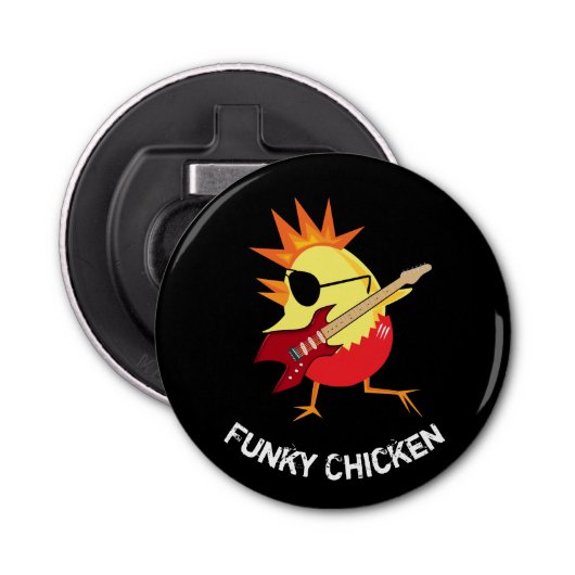 Funny Funky Chicken Playing Guitar Button Flesopener (Voorkant)