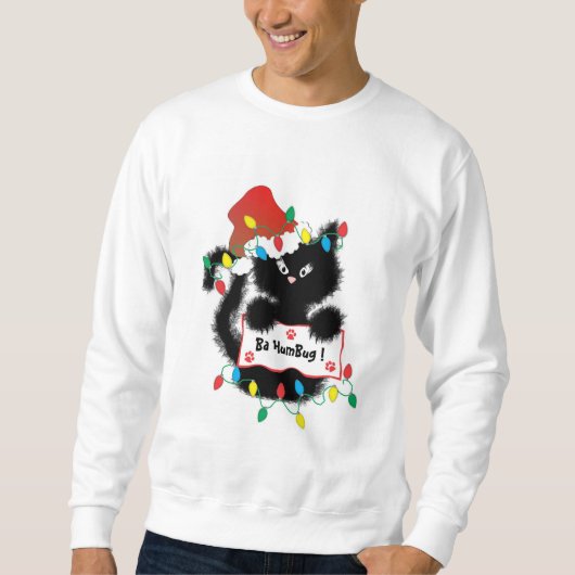Funny Fuzzy Black Cat Ba Humbug Kerstmis T Shirt (Voorkant)