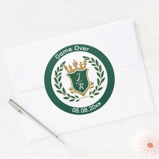 Funny "Game Over" Wedding Monogram Crest Classic Ronde Sticker (Envelop)