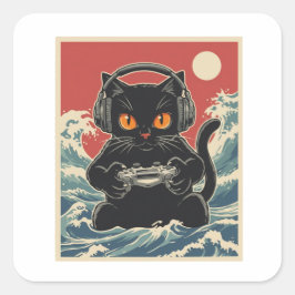 Funny Gamer Cat Retro Controller Headphones Night Vierkante Sticker