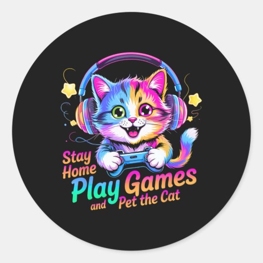 Funny Gamer Cat Stay Home1 Ronde Sticker (Voorkant)
