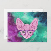Funny Geeky Cat over Waterverf Backgroun Briefkaart (Voorkant / Achterkant)