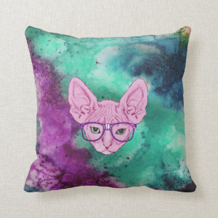 Funny Geeky Cat over Waterverf Backgroun Kussen