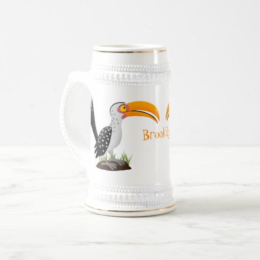 Funny gele paardenvogel cartoon bierpul (Voorkant links)