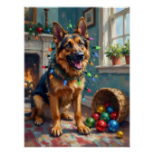 Funny German Shepherd Tangled in Christmas Lights Perfect Poster (Voorkant)