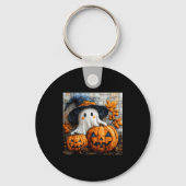 Funny Ghost Pumpkin Cute Halloween Patchwork Art Sleutelhanger (Voorkant)