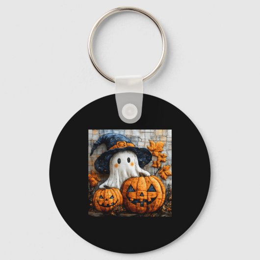 Funny Ghost Pumpkin Cute Halloween Patchwork Art Sleutelhanger (Voorkant)