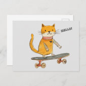 Funny Ginger Cat Skateboard Carte postale (Devant / Derrière)