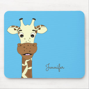 Funny giraffe cartoon blauwe naam kinder mousepad muismat