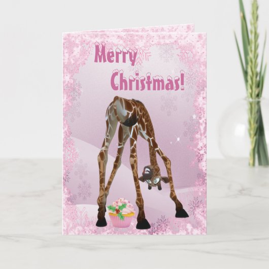 Funny Giraffe & Cupcake rose Carte de Noël (Devant)