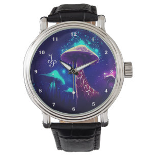 Funny Giraffe Mushroom Galaxy Stars Donkerblauw Pl Horloge