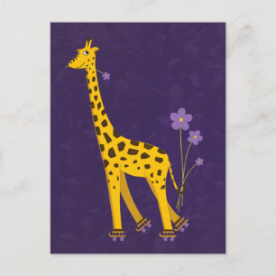 Funny Giraffe Roller Skating Paars Briefkaart